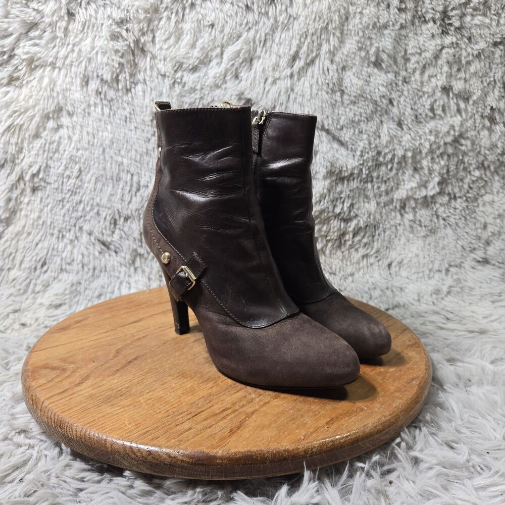 Longchamp Womens Brown Leather Ankle Boot Buckle Strap High Heel EU 38 US 7.5-8